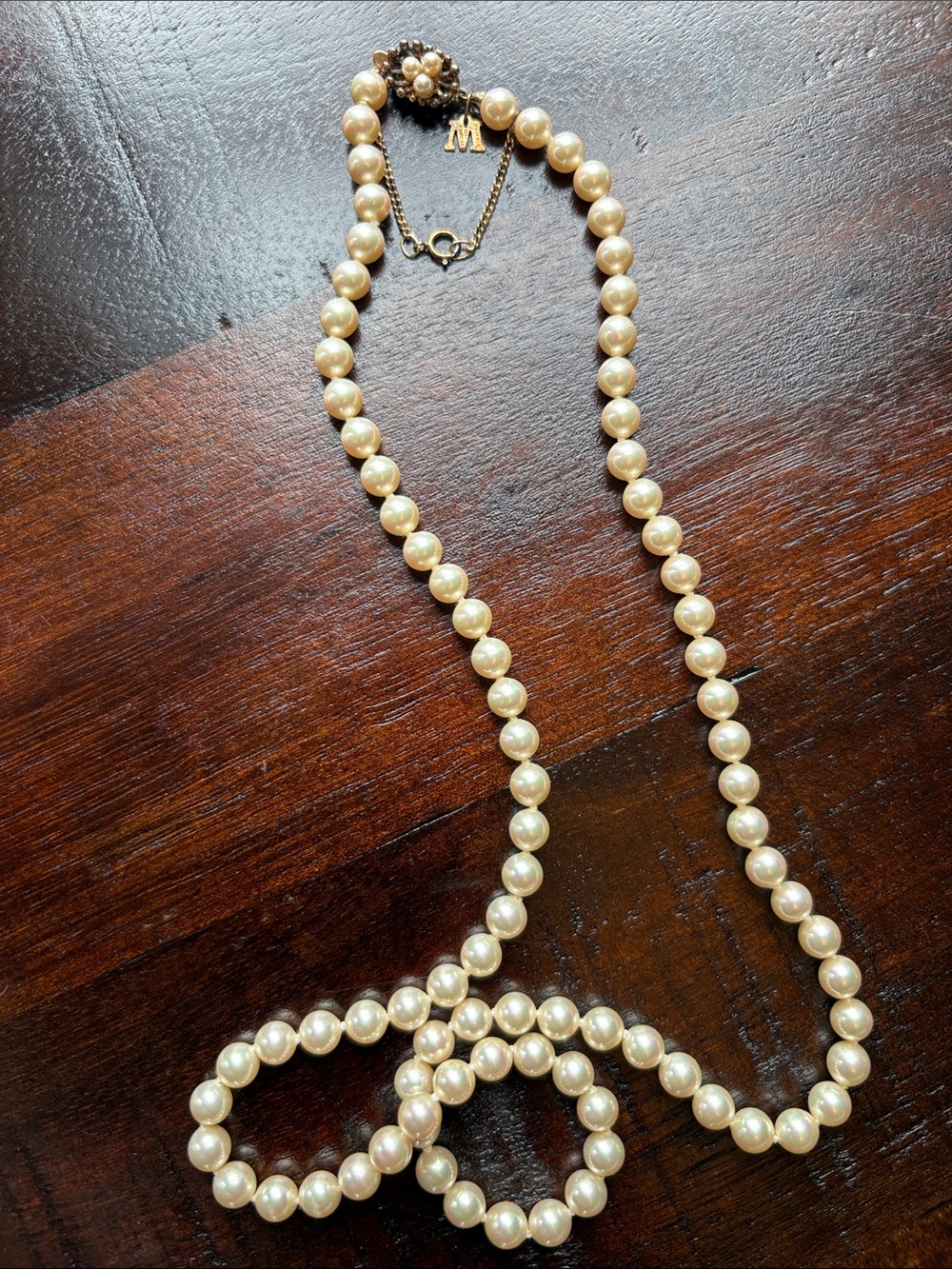 Majorica Faux Pearl Necklace 22” Floral Box Clasp Vintage Spain